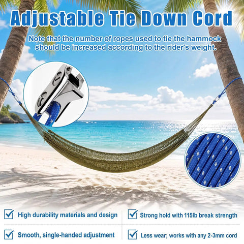 Hammock tied to a palm tree with a 12 Pack Rope Tightening Tools With Locking Tensioners Set For Camping Boating Tents And Vehicle Cargo Heavy Duty Nylon Paracord Adjusters 10 Ft Ropes Blue.