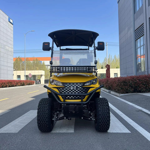 Sweet 2 Seat Cargo Van Golf Cart Powered By 48V Lithium Battery And 4KW Motor And Yellow Utility Neighborhood Electric Vehicle parked in front.