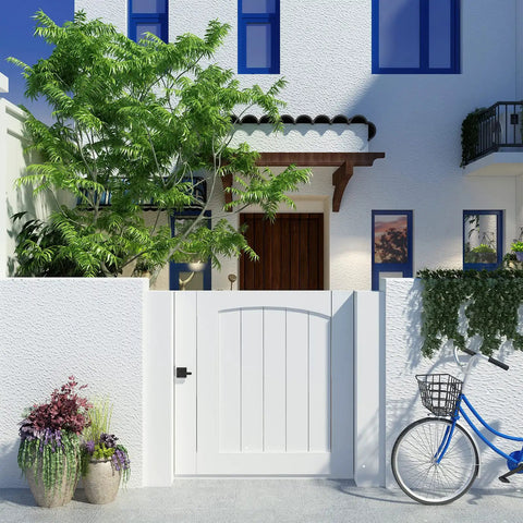White garden gate with Heavy Duty Left Inswing Gate Latch Double Sided Self Locking With Built In Spring For Wooden Fences Pool Gates Backyard Gardens.