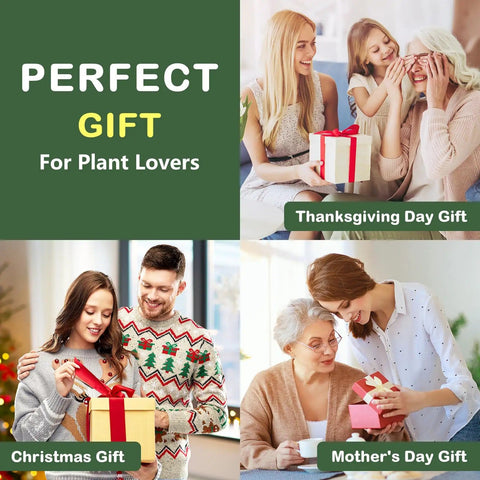 Collage of families giving gifts for Thanksgiving, Christmas, and Mother's Day, captioned 'Perfect Gift for Plant Lovers.'