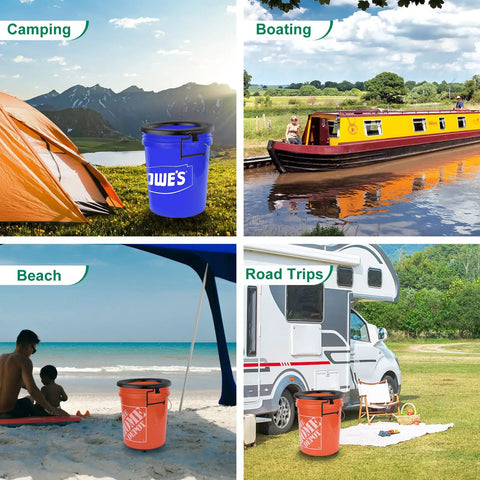 No Sweat Snap On Portable Toilet Seat For 5 Gallon Buckets Camping Pail Cover at beach, camping, boating, and road trip settings.