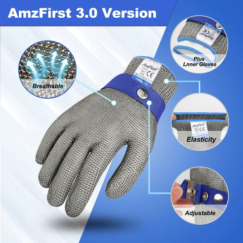 Cut Resistant Kitchen Gloves With Stainless Steel Mesh For Oyster Shucking And Meat And Fish Prep Lightweight Breathable Anti Cut Pro Grade Gear Food Grade Size Large 9, showing mesh detail and features.