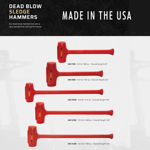 Display showing various sizes of dead blow sledge hammers, including 30 Inch Dead Blow Sledge Hammer With 9 Lb Polyurethane Head, Steel Shot Fill, Steel Reinforced Handle, Built To Last, Made In USA, Non Marring, Heavy Duty Mallet For Demolition And Assembly