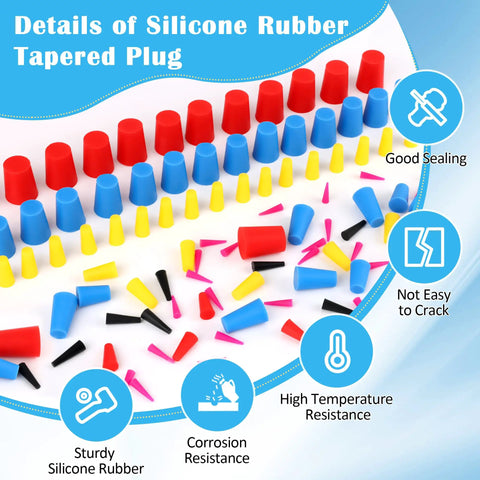 Pro Grade 360 Piece Silicone Rubber Tapered Plugs Set in Eight Sizes showing various colors and features for sealing