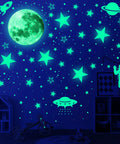 Glow In The Dark Stars And Planets Ceiling Wall Decor Kit With Rockets And Astronauts For A Galaxy Themed Kids Room Or Nursery Bedroom Totally Kid Friendly 1078 Piece Starry Sky Sticker Set featuring glowing moon, stars, and planets on a dark wall