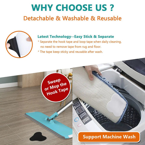 Non Slip Rug Grippers For Area Rugs, washable rug tape being placed in a washing machine, showing hook and loop pads.