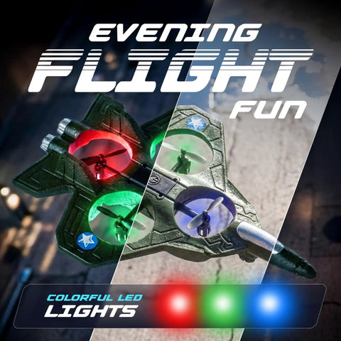 Dope RC Stunt Plane For Kids And Adults With LED Jet Fighter and colorful LED lights for evening flight fun.