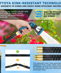 Front view: KETTOYA garden hose with blue spray nozzle, fabric-reinforced exterior, and gold 3/4-inch swivel connectors.