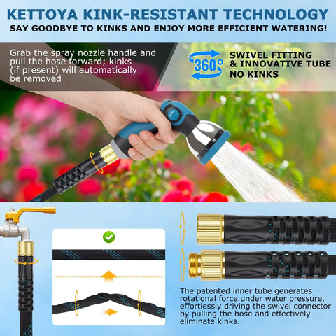 Non Expanding Garden Hose 150 Ft With Ten Pattern Spray Nozzle, kink-resistant hose with swivel fitting and brass connectors