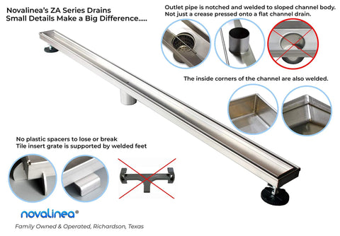 30 Inch Linear Shower Drain With Tile Insert Grate And Hair Strainer Includes Leveling Feet 2 Inch Center Outlet 304 Stainless Steel