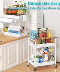 Do It All Rolling Four Tier Storage Cart With Removable Towel Rack For Bathroom Kitchen Laundry Room Office On Wheels Locking Wheels Hooks And Cup Holders Mobile Shelving Unit In White Space Saving Utility Cart For Easy Organization in kitchen setting.