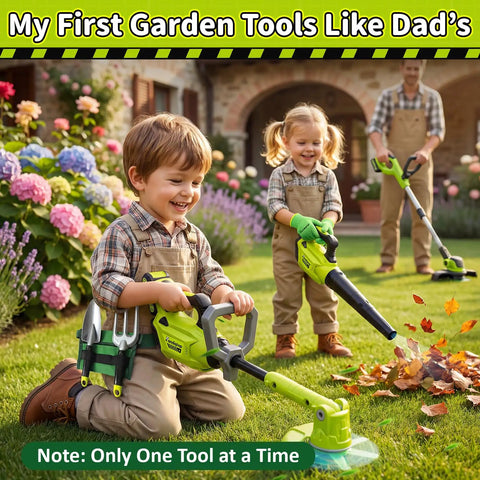 Kids 2 In 1 Gardening Tools Set With Leaf Blower And Toy Lawn Mower Lights And Sounds Belt And Gloves, children playing outdoors