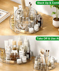 Real Deal Slick Spin 360 Round Rotating Makeup Organizer Clear Acrylic Lazy Susan overlapping cosmetics on a wooden tabletop.
