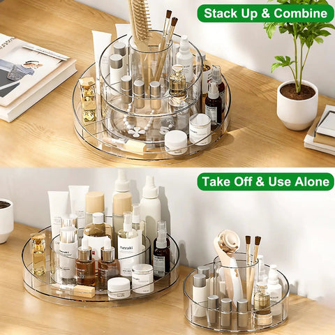 Real Deal Slick Spin 360 Round Rotating Makeup Organizer Clear Acrylic Lazy Susan overlapping cosmetics on a wooden tabletop.