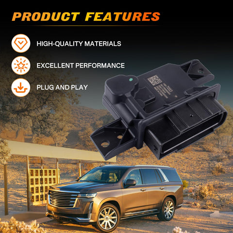 Fuel Pump Power Control Module Drop-In Replacement For GM Silverado 1500 5.3L 2019-2023 product in front of a Cadillac SUV.