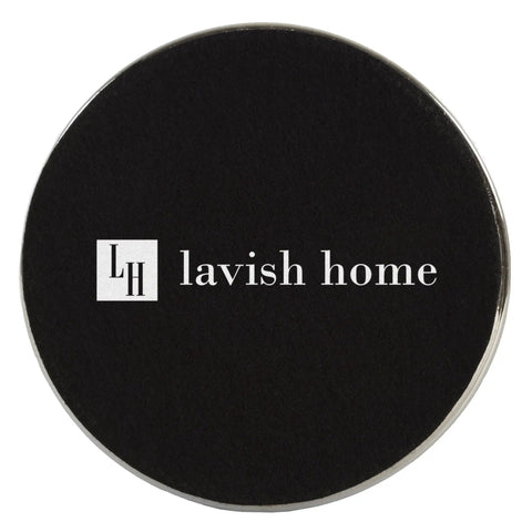 Black circular base reading 'lavish home' for Three Piece Table And Floor Lamp Set With Faceted Crystal Orbs, Includes Three LED Bulbs, Modern Chrome Finish, Drum Shades, Ideal For Living Room Or Bedroom Decor, Sleek Modern Vibe With A Lit Touch.