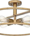 Loring Aged Brass Semi-Flush Mount Lighting Fixture With Open Steel Frame, Converts To Pendant With Included Rods, Damp Location Friendly