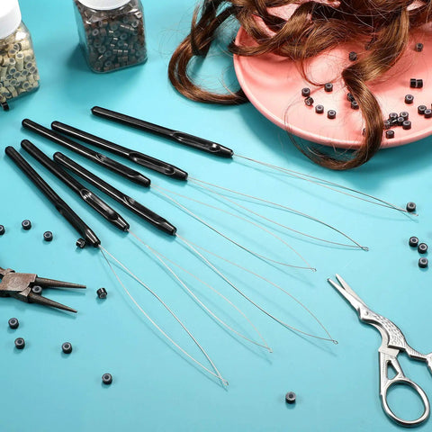 10 Piece Hair Extension Loop Needle Threader Kit With Pulling Hook Tool And Bead Device For Easy Feather And Hair Extensions, Black For Salon And DIY Use, Anti Slip Handle And Durable Metal Needle, Quick Bead Threading; 10-piece black loop needles with beads