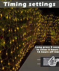 Outdoor Fairy Net Lights 270 LED Chandelier draped over bushes, showing timing settings with control for weddings and Christmas decor.