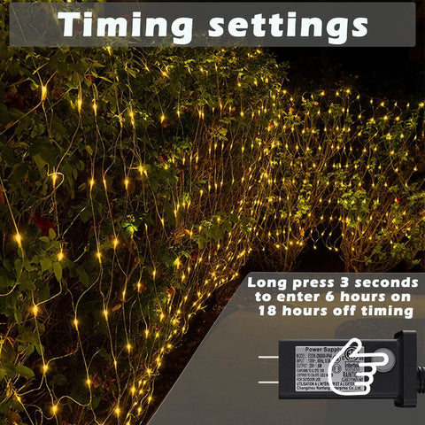 Outdoor Fairy Net Lights 270 LED Chandelier draped over bushes, showing timing settings with control for weddings and Christmas decor.