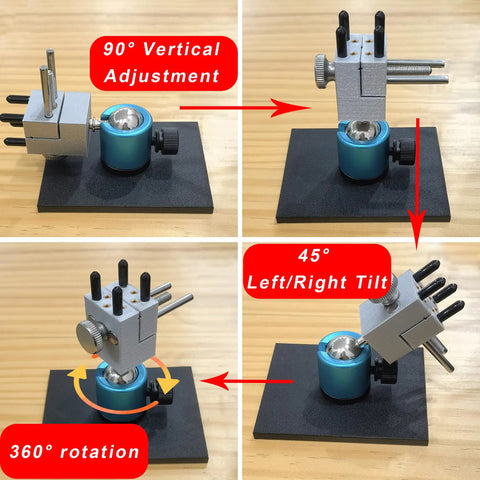 Dope Mini Vise Tabletop Clamp With 360 Degree Rotation Spherical Base And 90 Degree Tilt For Model Building Gunpla Jewelry Making And Crafts Universal Bench Vice With 4 Adjustable Columns For Irregular Shapes Blue showing 90° vertical adjustment