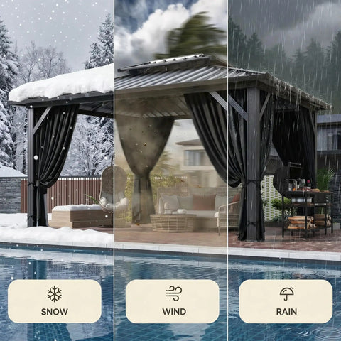 10x12 Hardtop Gazebo With Flame Retardant Curtain Netting Heavy Duty Pavilion With Galvanized Steel Double Roof