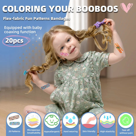 RAINLOS kids adhesive bandage set, 20 patterned bandages visible on a child in a floral dress