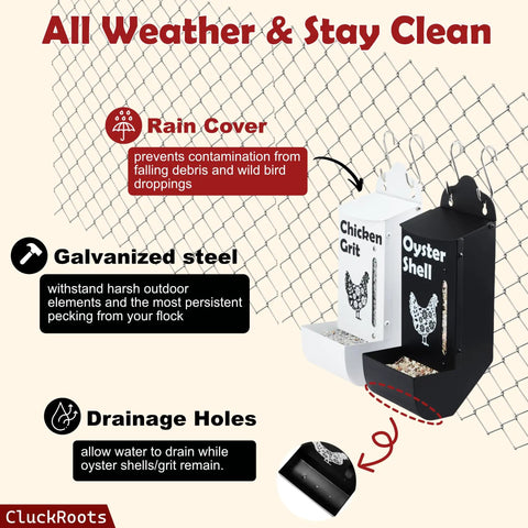 Grit And Oyster Shell Feeder Combo No Spill Weatherproof Heavy Duty Design with view window and rain cover wall mounted display