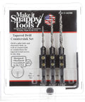 Three Piece Tapered Drill Bit Countersink Set With Reusable Hex Shank For Quick Screws Made In USA In Three Sizes Nine Sixty Four By Three Eighths Inch For Six Gauge Eleven Sixty Four By Three Eighths Inch For Eight Gauge Thirteen Sixty Four By Three in packaging