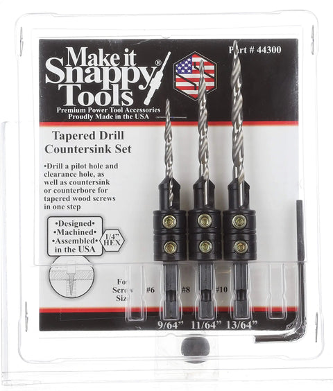 Three Piece Tapered Drill Bit Countersink Set With Reusable Hex Shank For Quick Screws Made In USA In Three Sizes Nine Sixty Four By Three Eighths Inch For Six Gauge Eleven Sixty Four By Three Eighths Inch For Eight Gauge Thirteen Sixty Four By Three in packaging