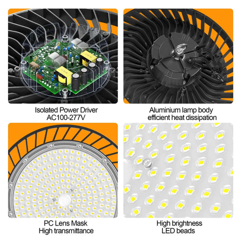 Components of 8 Pack 200W LED High Bay Lights 30000 Lumens 6500K UFO High Bay LED Shop Lights AC100277V with plug