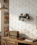 1957 Chevy Bel Air Floating Wall Shelf With Led Headlights And Tempered Glass Display Retro Classic Car Decor For Garage Or Man Cave Black Finish Twenty By Six Point One By Eight Inches Ideal Gift For Car Enthusiasts mounted on a white brick wall in a vintage room setting.
