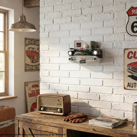 Chevrolet Camaro SS 1969 Floating Shelf Display With LED Headlights And Tempered Glass in vintage-themed room