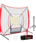 7x7 Ft Baseball And Softball Training Net With Adjustable Batting Tee Strike Zone Target Ground Stakes And Portable Hitting And Pitching Practice Set In Red For Backyard And Park Play