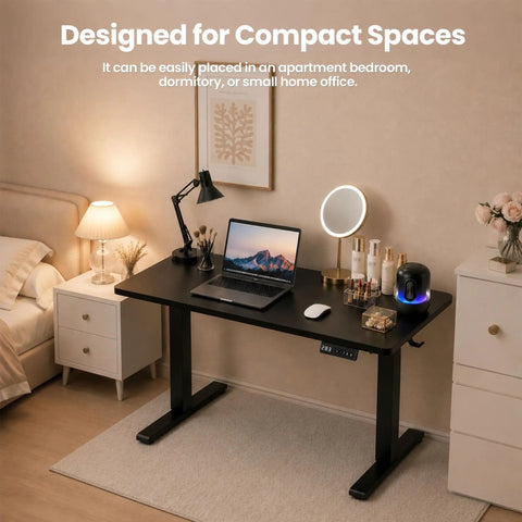 ExaDesk 35 By 20 Inch Electric Standing Desk Compact Height Adjustable Sit Stand Workstation in a small bedroom.
