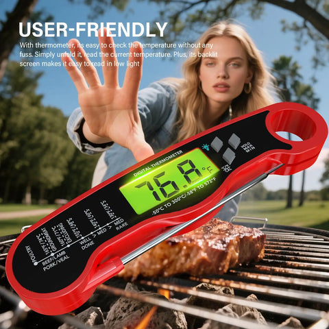 User holding Instant Read Digital Meat Thermometer With Backlight Waterproof Ultra Fast One To Two Second Temperature Readings
