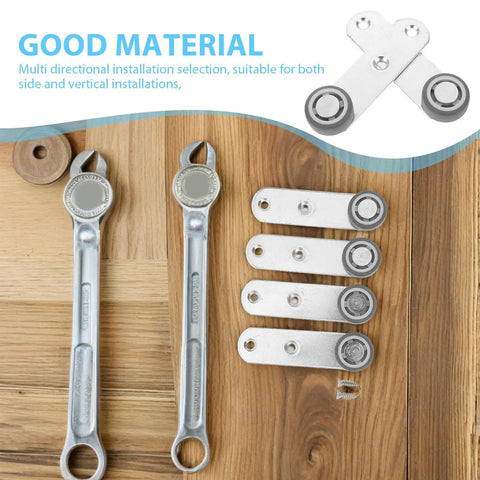 Heavy Duty Side Mount Casters For Sliding Closets And Barn Doors Featuring Solid Rubber Bottom Rollers on a wooden surface.