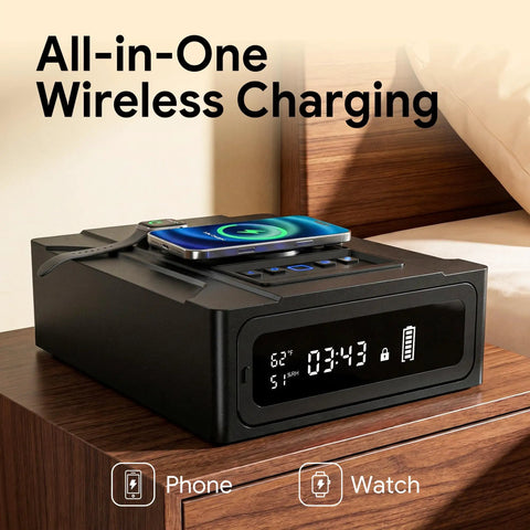 All-in-one wireless charging station on nightstand next to bed, charging phone and watch, digital display showing time and temperature.