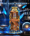 DIY Miniature Book Nook Kit With LED Light, Fantasy Bookstore Scene For Your Shelf showing a magical bookstore setup with glowing elements.