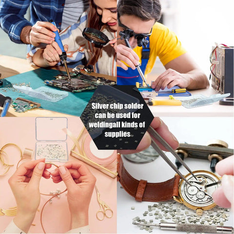 People using Three Gram Silver Chip Solder For Jewelry Making Precut 2x2 mm Flux Chips for electronic and jewelry repairs.