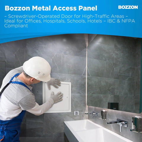 Heavy Duty Metal Access Panel for Drywall 12 x 12 Inches in a bathroom, installed by a worker for quick access to utilities.