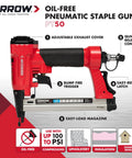 Oil Free Pneumatic Staple Gun For Wood Upholstery Carpet And Wire Fencing Fits One Quarter Inch Through Nine Sixteenth Inch Staples Lightweight Workhorse Heavy Duty Pro Grade Tool, with easy-load magazine and adjustable exhaust cover.