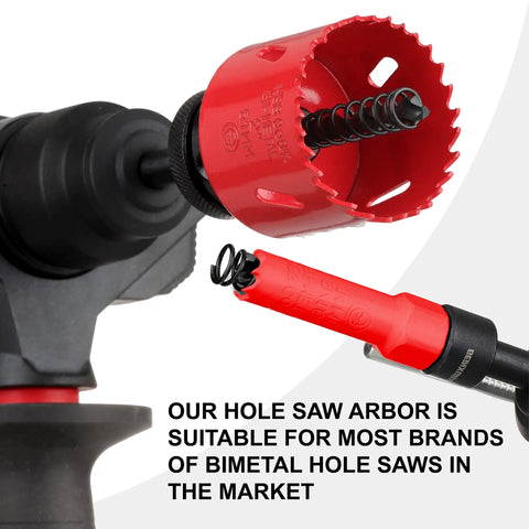 Pro Grade SDS Plus Hole Saw Mandrel Set with Two Arbors shown attached to a drill, red hole saw visible, includes springs.