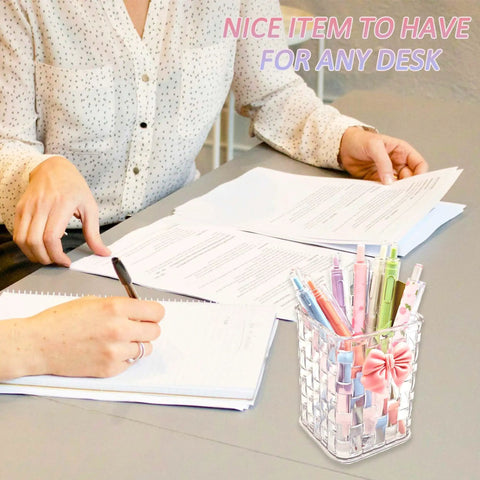 Clear White Acrylic Desk Pen And Makeup Brush Holder With Woven Texture Bow Accent on office desk with papers and pens