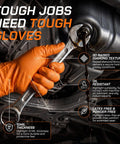 Heavy Duty 10 Mil Orange Nitrile Gloves With Raised Diamond Grip, Disposable Latex Free Work Gloves Built Tough For The Daily Grind, Extra Large Fit, 1000 Count, worn while using a wrench.