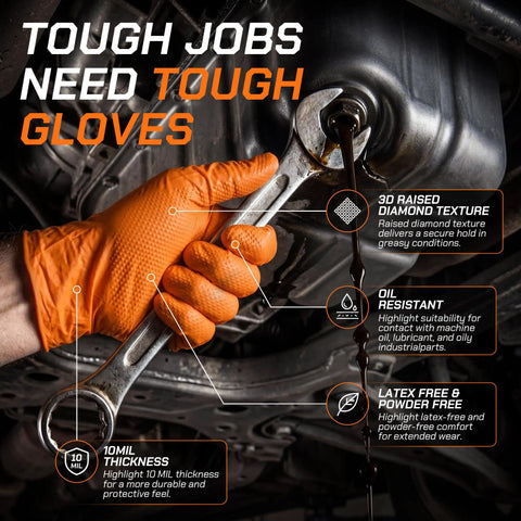 Heavy Duty 10 Mil Orange Nitrile Gloves With Raised Diamond Grip, Disposable Latex Free Work Gloves Built Tough For The Daily Grind, Extra Large Fit, 1000 Count, worn while using a wrench.