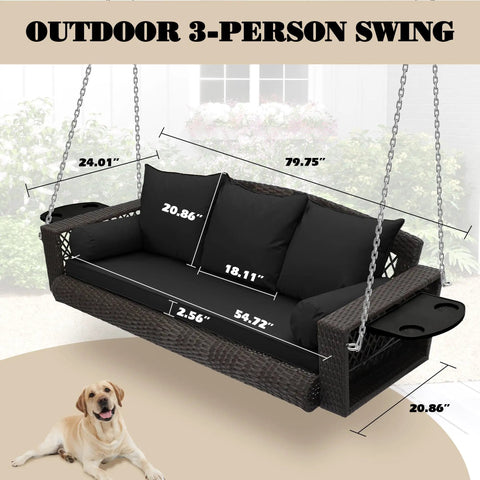 Three Person Outdoor Hanging Porch Swing Chair With Cushions And Adjustable Chain 76 Inch Wicker Bench Steel Frame