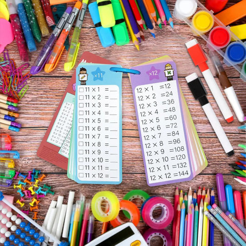 Add Up Fast 1 To 12 Addition Flash Cards Set With Large Times Table Chart among colorful school supplies