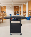 Adjustable Height Rolling AV Cart Mobile Workstation With Drop Leaf Shelves Pullout Keyboard Tray Locking Steel Cabinet And Built In Power Strip For Classroom And Office Use Fits 24 To 42 Inch Displays Black
