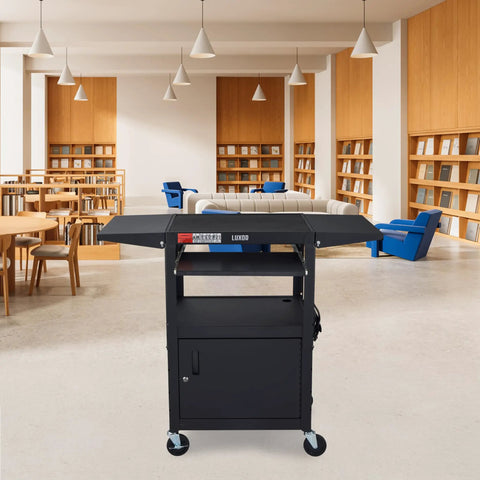 Adjustable Height Rolling AV Cart Mobile Workstation With Drop Leaf Shelves Pullout Keyboard Tray Locking Steel Cabinet And Built In Power Strip For Classroom And Office Use Fits 24 To 42 Inch Displays Black